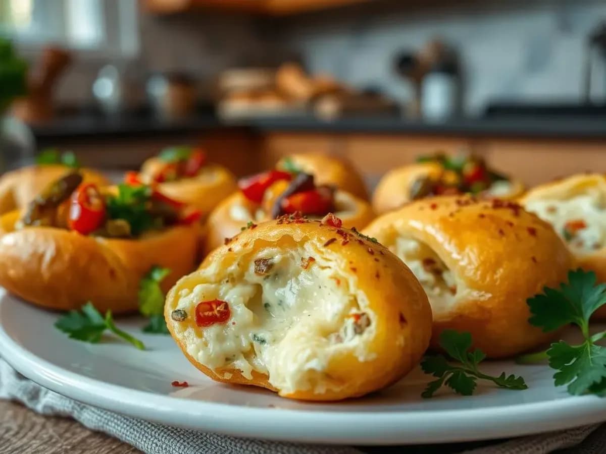 Golden pão de queijo filled with melted cheese and garnished with fresh herbs on a white plate