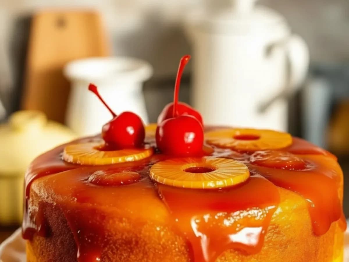 Pineapple upside-down cake with caramelized pineapple rings and maraschino cherries