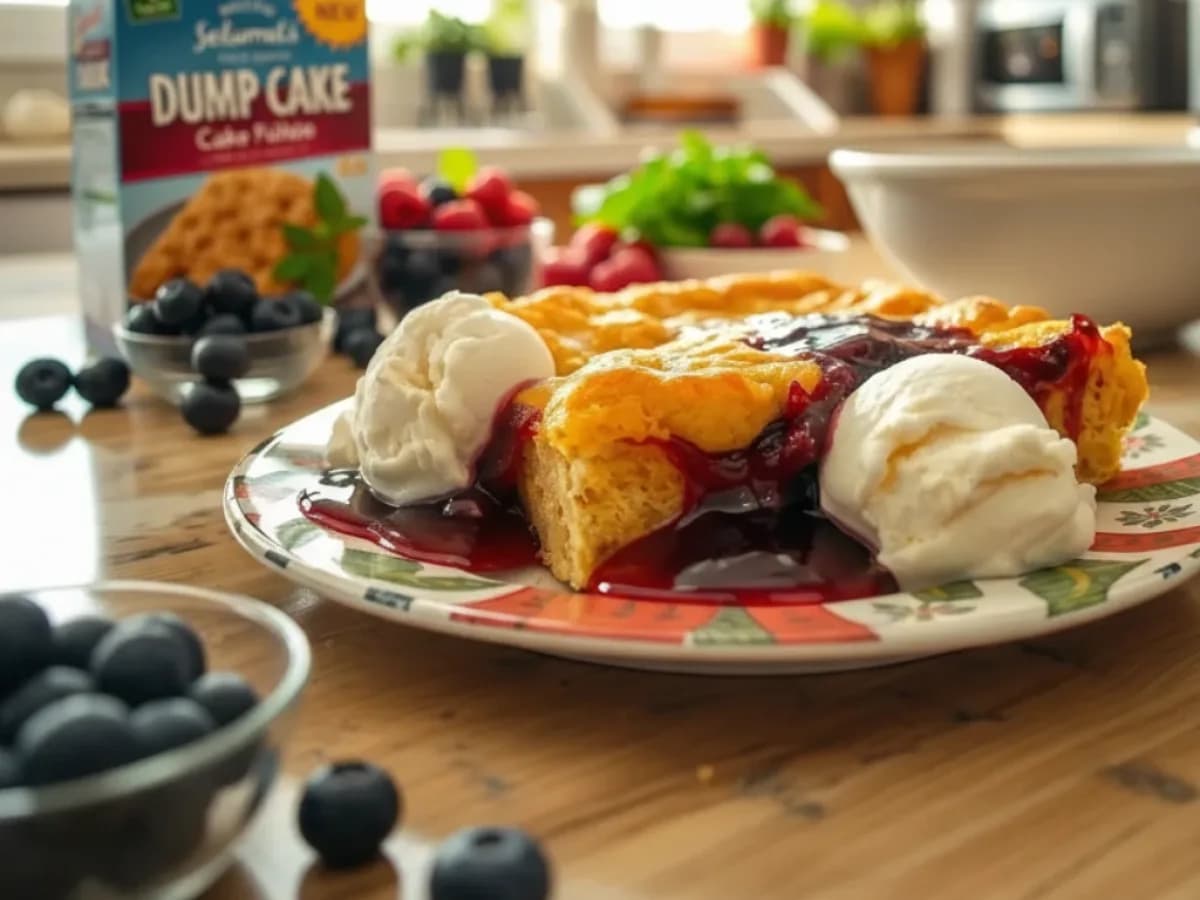Baked dump cake with a golden cake-mix topping and bubbling fruit filling